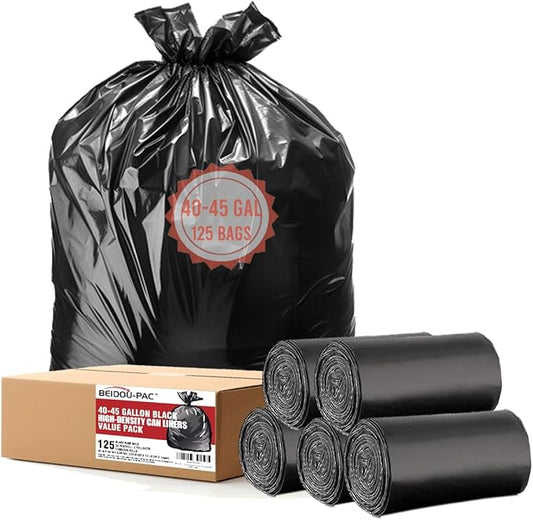 40-45 Gallon Lawn & Leaf Trash Bags, 125 Count Bulk, Black Garbage bags, Multi-purpose Trash Can Bin Liners for Home Commercial, Outdoor, Construction, Industrial