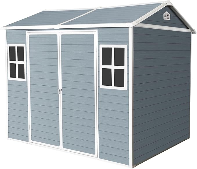 8x6 FT Resin Outdoor Storage Shed with Floor, Windows & Lockable Doors Waterproof All-Weather Garden Shed for Backyard, Patio, and Lawn Equipment Storage, Light Grey