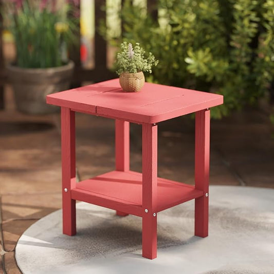 Kingdura Adirondack Outdoor Side Table, 16 x 13 Inches HDPE Plastic Outside End Tables for Patio Pool Porch Backyard Indoor, 2 Tiers Storage Shelf, All Weather Resistant, Easy Maintenance (Red)
