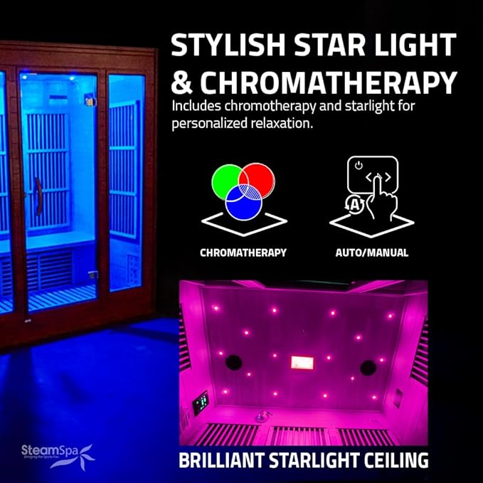 SteamSpa 1-5 Person Low EMF Carbon FAR Infrared Hemlock Wood and Tempered Glass Indoor Home Sauna Room with LED Touch Control Panel, Color LED Therapy Light, Bluetooth Speaker, Oxygen