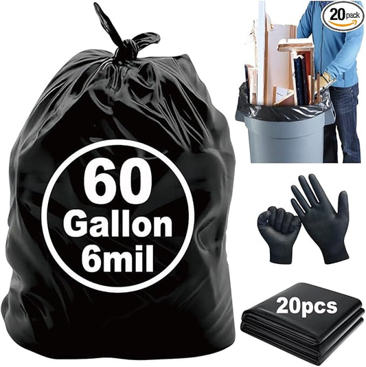 6 Mil Heavy Duty Contractor Trash Bags - 20 Pack Large Clear Construction Garbage Bags for 50/55/60 Gallon (Extra Thick, Tear Resistant) (32" X 52")