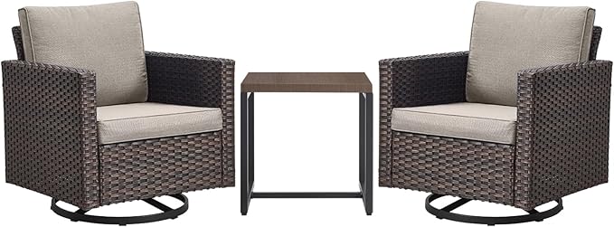 Rilyson Outdoor Patio Swivel Rocker Chairs - 3 Piece Wicker Patio Furniture Bistro Swivel Rocking Chairs Set with Comfortable Cushions,Sturdy Metal Frame and Side Table for Porch Deck(Brown/Grey)