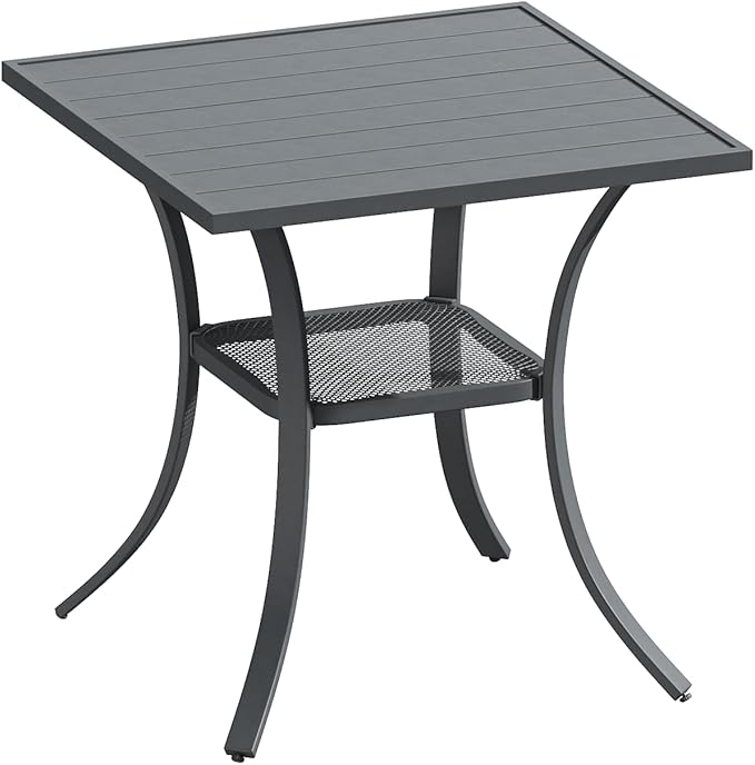 DIFY 27.6" Square Patio Dining Table, Grey Small Outdoor Bistro Table with Rust Resistant Metal Frame, Ideal for Lawn, Backyard and Deck