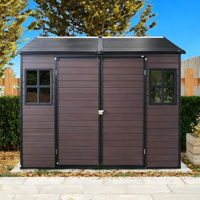 8x6 FT Resin Outdoor Storage Shed with Floor and 2 Windows, Outside Plastic Sheds Storage Clearance w/Lockable Door, Backyard Garden Tool House for Patio, Yard, Lawn, Bike, Brown
