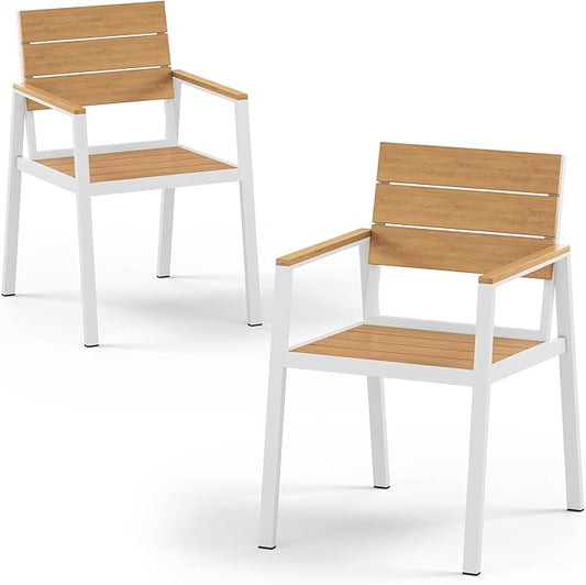 Outdoor Patio Dining Chairs Set of 2, Aluminum & HDPE All-Weather for Deck, Lawn, Backyard, Pool and Indoor Use (White & Teak)
