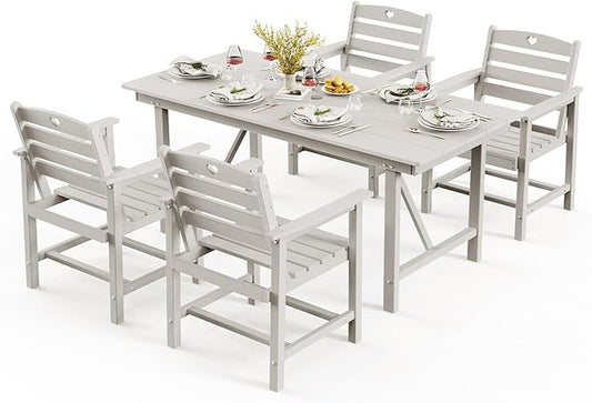 Patio Table and Chairs Set with Umbrella Hole, HDPE Patio Dining Set for 4, Outdoor Dining Set for Lawn, Patio, Porch, Deck, Poolside, Yard (White, 5-Piece)