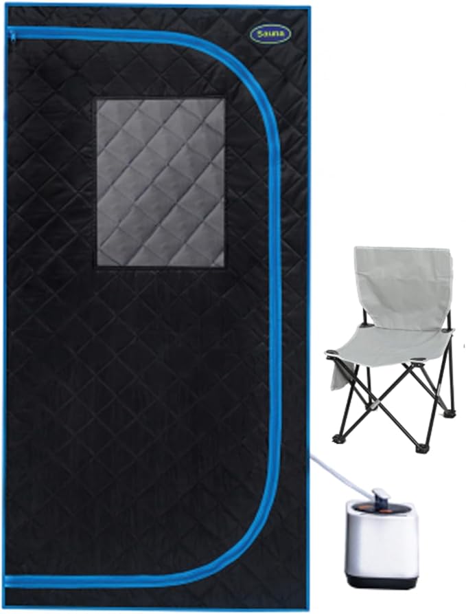 Portable Black Mini Plus Style Steam Sauna Tent–Personal Home Spa, with Steam Generator, Remote Control, Foldable Chair, PVC Pipes. Easy to Install,Fast Heating, with FCC & UL Certification.