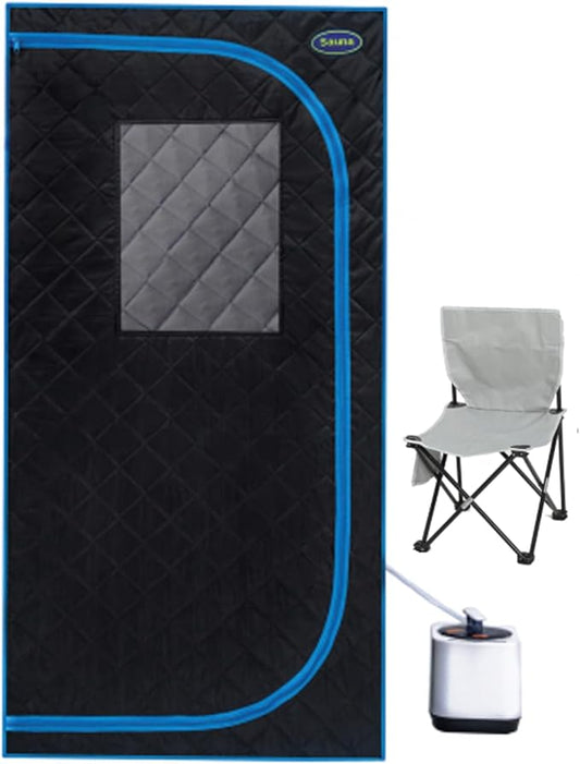 Portable Black Mini Plus Style Steam Sauna Tent–Personal Home Spa, with Steam Generator, Remote Control, Foldable Chair, PVC Pipes. Easy to Install,Fast Heating, with FCC & UL Certification.