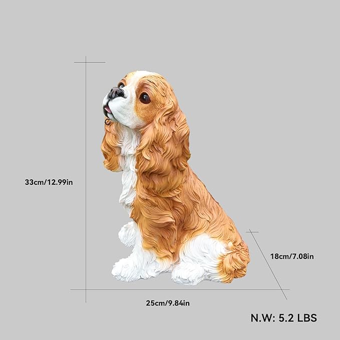 Cavalier King Charles Spaniel Outdoor Dog Statue with Reversible “Welcome/ON Patrol” Hanging Plaque and Solar Porch Lantern, Brown & White Sitting