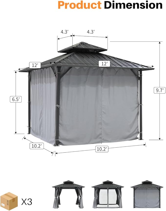 12' x 12' Hardtop Gazebo, Aluminum Frame Patio Hardtop Gazebos with Netting and Curtain, Outdoor Patio Pergola, Outdoor Patio Gazebo with Double Metal Roofs for Lawns, Garden, Deck, Slate Gray