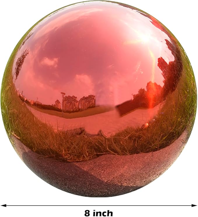 Nerien 8 Inch Gazing Ball, Stainless Steel Garden Mirror Globe, Polished Ornament Sphere, Hollow Floating Reflective Hemisphere, Home Outdoor Pond Housewarming Swimming Pool Decoration Gift, Red