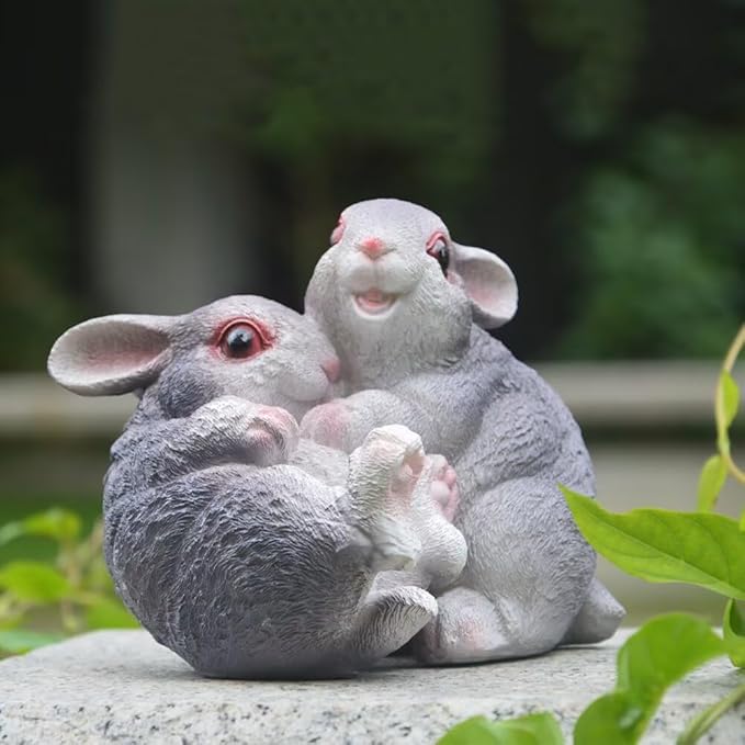 Garden Statues Bunny Decor Resin Hug Rabbit Figurine Cute Fairy Garden Decor Outdoor Statues for Patio Yard Porch Balcony Gifts for Women Mom Grandma Grey