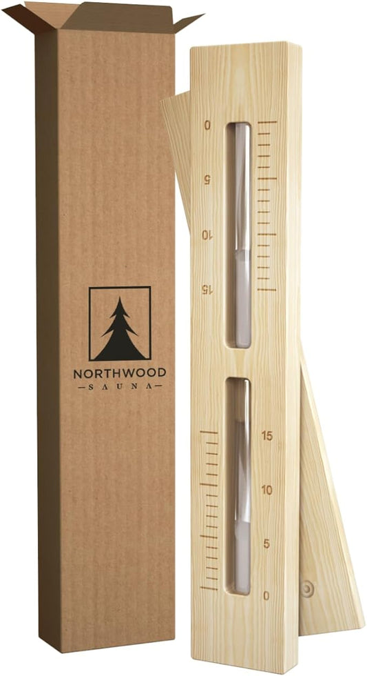 Sauna Sand Timer - Handmade from Finnish Pine Wood - Wall-Mounted Rotating 15-Minute Hourglass with White Sand
