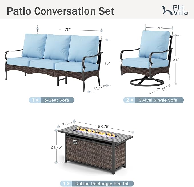 Patio Furniture Set with 56" Fire Pit Table, Premium Outdoor Wicker Metal Frame Furniture with Upgraded Waterproof Thick Cushions for Porch, Poolside, Deck, and Yard （4 Pieces,Blue）