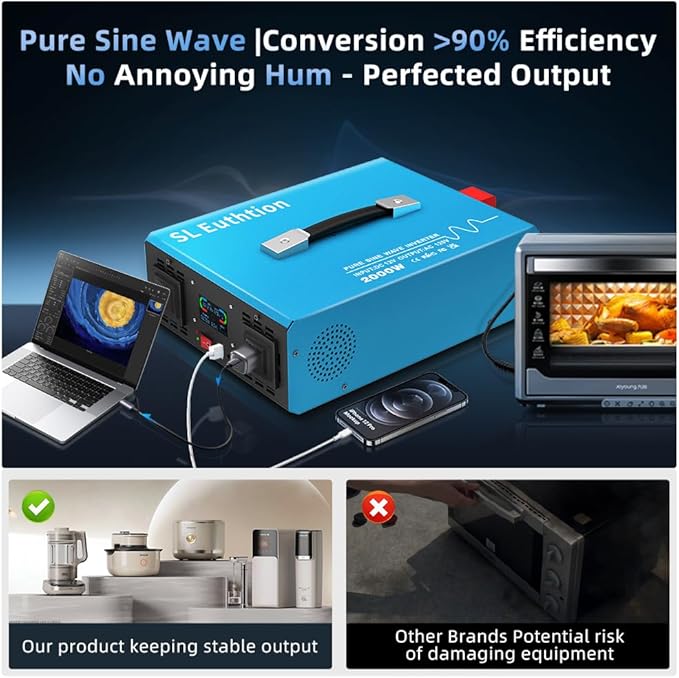 2000W Pure Sine Wave Power Inverter Voice Control AI Voice Assistant Support English 12V to 120V 60HZ with LCD Display, USB Port, for Car Home Laptop Truck