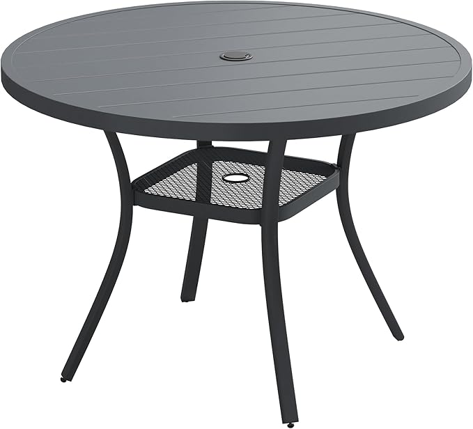 VICLLAX Outdoor Patio Round Dining Table, 41"x 41" Metal Slatted Round Tabletop with Adjustable Umbrella Hole for Dining Yard Porch, Dark Grey Finish