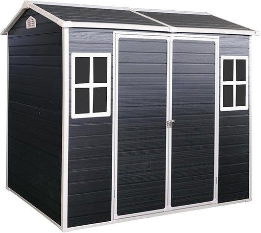 8x4ft Resin Outdoor Storage Shed with Two-Window and Double-Door, Plastic Shed with Floor for Gargen, Patio, Yard, Lawn, Grey (1 Doors) (Black, 4x8ft)