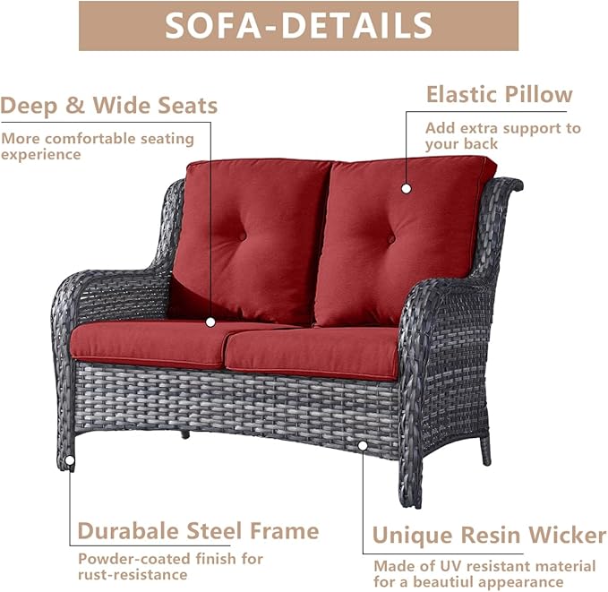HUMMUH Patio Furniture Set with Fire Pit Table 6-Piece Wicker Outdoor Swivel Rocker Patio Chairs Loveseat Conversation Set for Porch, Backyard, Deck