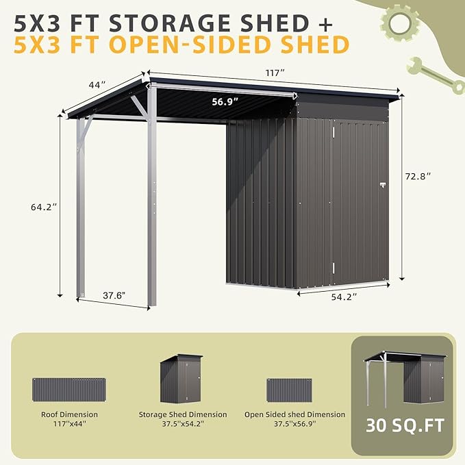AECOJOY 10x4 Outdoor Open-Sided Storage Shed, 5x3 FT Sheds & Outdoor Storage Clearance with 5x3 Covered Porch, 30 Sq.Ft Covered, 2-in-1 Metal Small Shed with Attached Hardtop Metal Pergola Gazebo