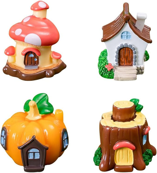 4 PCS Mini House Figurines, Miniature Village Hut Figurine, Fairy Garden Cottage Micro Landscape Ornaments Accessories for Bonsai, Succulent Planting, Flower Pots (4pcs)