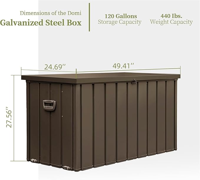 LANTRO JS 120 Gallon Metal Deck Box, Outdoor Storage Box Waterproof with Wheels, Lockable Storage Container for Patio Furniture Cushions Garden Tools, Dark Brown