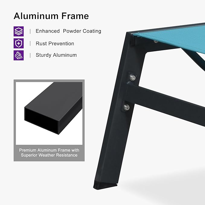 PURPLE LEAF Chaise Lounge Chair Outdoor 2 Pieces Pool Lounge Chairs 5 Adjustable Position with Armrests and Side Table Aluminum Patio Lounge Chair for Outside Backyard Beach Pool, Turquoise Blue