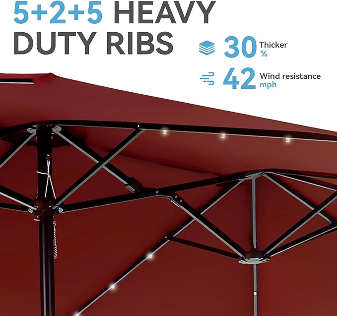 GREEN PARTY 15 ft Rectangle Patio Umbrella with Solar Lights and Base Included, Double-Sided Market Table Umbrella with Crank, Large Outdoor Umbrellas for Patio Poolside Garden Backyard, Burgundy Red