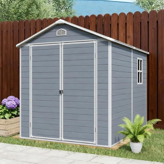 8 x 6 FT Outdoor Storage Shed with Window, Outside Garden Resin Sheds w/Floor and Lockable Doors, Waterproof Plastic Tool House for Backyard, Garden, Patio, Lawn, Bike Accessories, Grey