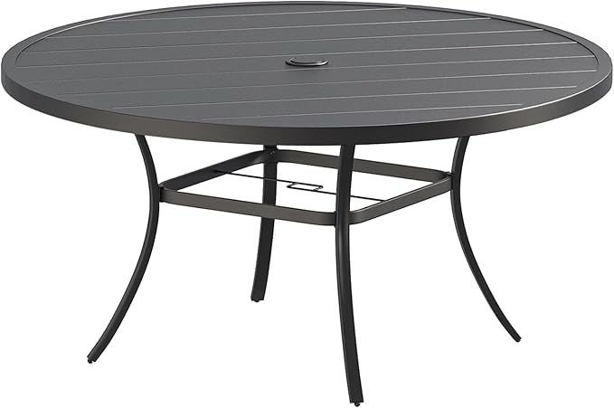 DIFY 60" Round Patio Dining Table for 8-10, Outdoor Metal Dining Table with 1.57" Umbrella Hole for Backyard Lawn Garden, Black