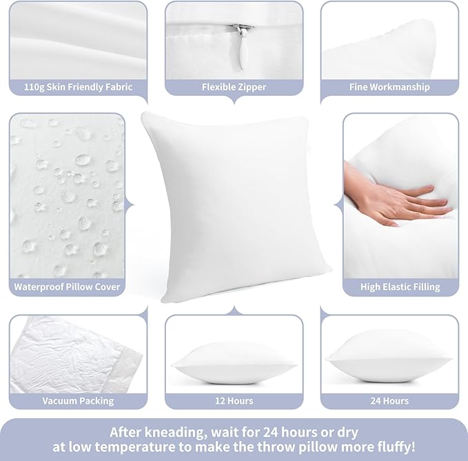 22 x 22 Outdoor Pillow Insert Large Throw Pillow Inserts Pack of 2 Water Resistant Patio Furniture Pillows Decorative Porch Couch Pillows Premium Square Sofa Pillow, White