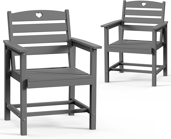HDPE 2-Piece Outdoor Dining Chairs, Weather-Resistant Heart-Cutout Design Patio Dining Chairs, Outdoor Furniture for Lawn, Patio, Porch, Deck, Poolside, Yard (Grey)