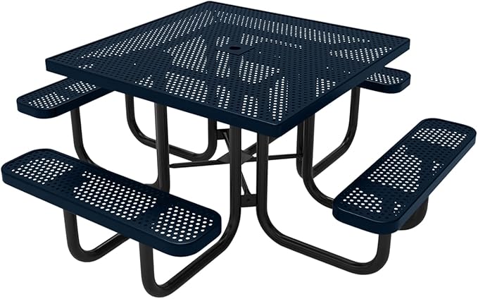 COATEDOUTDOORFURNITURE Heavy-Duty Portable Outdoor Picnic Table with Umbrella Hole, Punched Steel Commercial-Grade Patio Dining Furniture Made in America (46" Square Top, Dark Blue)