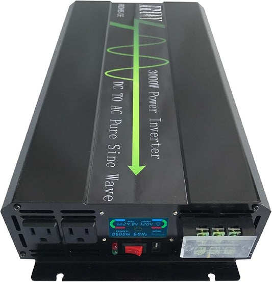 3000W Pure Sine Wave Power Inverter Converter 24V DC to 120V AC 60HZ Off Grid with LCD Display for RV Camping Home Solar
