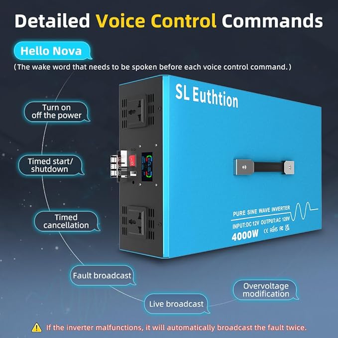4000W Pure Sine Wave Power Inverter Voice Control AI Voice Assistant Support English 12V to 120V 60HZ with LCD Display, USB Port, for Car Home Laptop Truck