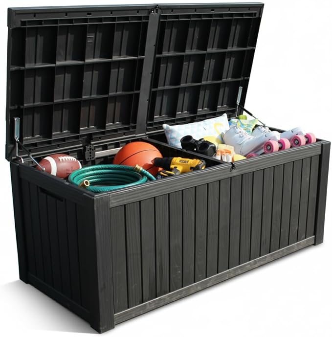 BTEXPERT 150 Gallon Outdoor Storage Container Deck Box with Metal Support Rods for Patio Furniture Garden Tools Waterproof Lockable UV Resistant Resin Set of 2