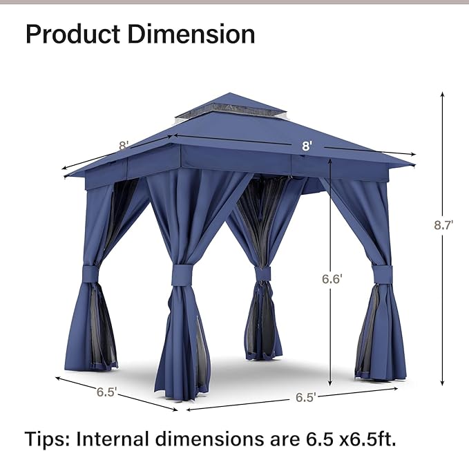 Outdoor Patio Gazebo 8FT, Heavy Duty Party Tent & Shelter with 2-Tier Roof and Expansion Bolts, Mosquito Nettings and Privacy Screens for Backyard, Garden, Poolside, Navy Blue