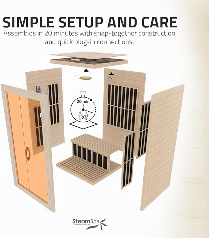 SteamSpa 1-2 Person Low EMF Carbon FAR Infrared Hemlock Wood and Tempered Glass Indoor Home Sauna Room with LED Touch Control Panel, Color LED Therapy Light, Bluetooth Speaker