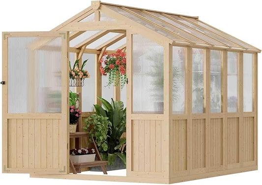 6*8 FT Wood Outdoor Greenhouse Kit, Greenhouses for Outdoors Heavy Duty with Adjustable Roof Vent and Shelves, Walk in Polycarbonate Greenhouse for Outside Garden & Backyard, Light Honey