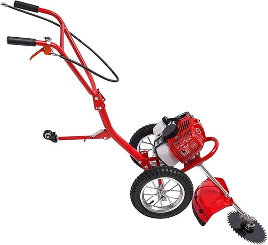 49CC 2-Stroke Walk Behind String Mower, 2-in-1 Hand Push Grass Cutter, 1500W Air-Cooled Floor Mount 0.33gal Fuel Tank Capacity W/Weeding Baffle, Weeding & Loosening Blade for Mowing Gardens