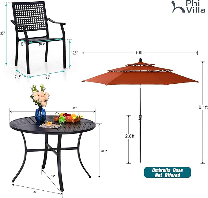 PHI VILLA 5 Pieces Patio Dining Set with 10ft Patio Umbrella, Metal Patio Circle Table Outdoor Stackable Wrought Iron Chair Set of 4 & 42" Large Round Dining Table,3 Tier Vented Orange Red Umbrella