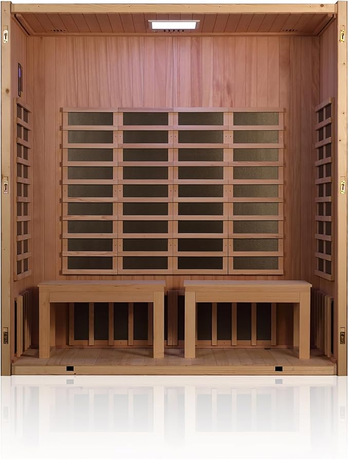 3-4 Person Infrared Sauna - Far Infrared Heating, Bluetooth Speakers, Okoume and Hemlock Wood, Movable Seat for Personalized Comfort