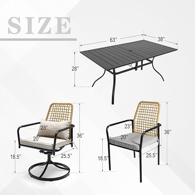 7-Piece Patio Dining Set, 63'' Rectangular Outdoor Table and 2 Wicker Swivel Rattan Chairs ＆ 4 Wicker Stackable Rattan Chairs with Cushions, All Weather Frame Furniture Set
