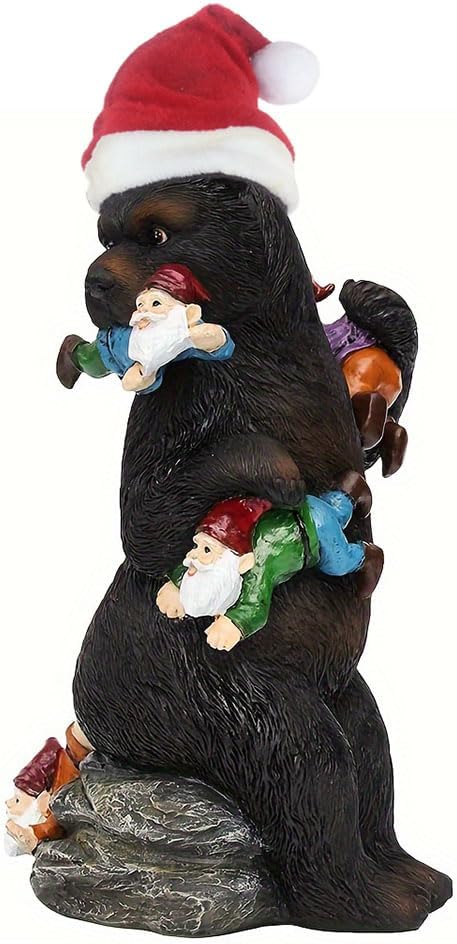 Garden Gnome Figurine Bear Eat Gnomes Statues, Funny Garden Statue for Christmas Outdoor Decoration