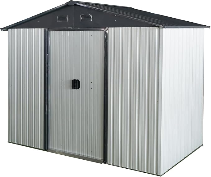 8ft 4ft Outdoor Metal Storage Shed with Sliding Door & Foundation – Durable, Weather -, Lockable for, Tools & Equipment (White + Black) (1 Doors)