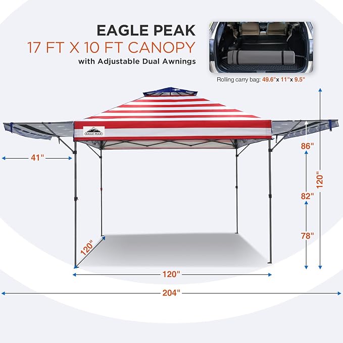 EAGLE PEAK 17x10 Pop up Gazebo Canopy Tent Outdoor Instant Canopy Shelter with Adjustable Dual Half Awnings (American Flag)