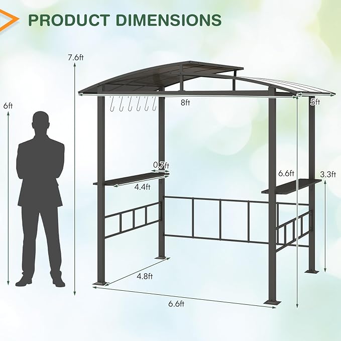 Tangkula 8x5 FT Hardtop Grill Gazebo, Outdoor Double-Tiered Barbecue Canopy with Vented Polycarbonate Roof, 2 Side Shelves, 6 Hooks, Outdoor Grill Shelter for Patio Garden Lawn Deck (Black)