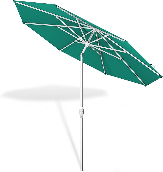 Midtown Umbrellas The Swilt 9 Feet Patio Umbrella in Sunbrella Canvas Teal Acrylic Fabric - Fiberglass Ribs, Auto-Tilt Aluminum Frame For Backyard, Deck, Garden, Pool - White Pole