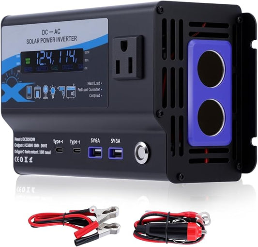 600W Car Power Inverter, 12V/24V Car Plug Adapter Outlet Converter with Dual Type C, Dual USB Dual, Dual Cigar Lighter, Single AC Outlet for Cars Trucks US Plug (Black)