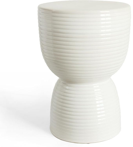Ceramic Stool Garden Decorative: White Ceramic Stool Drum Shape for Indoor Outdoor Decor - Ceramic Tabouret for Living Room Patio Front Porch (16 inch)