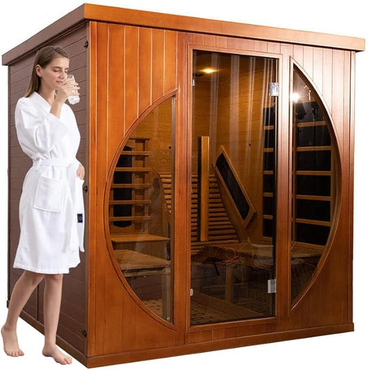 ZONEMEL Infrared 2 Person Wooden Sauna Room with Recliner, Canadian Red Cedar Luxury Indoor Sauna with 10 Heating Panels, Oxygen Bar, 3400 Watt, 220V, 8mm Tempered Glass